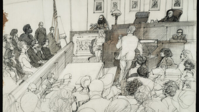 Whole courtroom watches as Allen Ginsberg testifies at the Chicago Seven (Chicago Eight) Trial